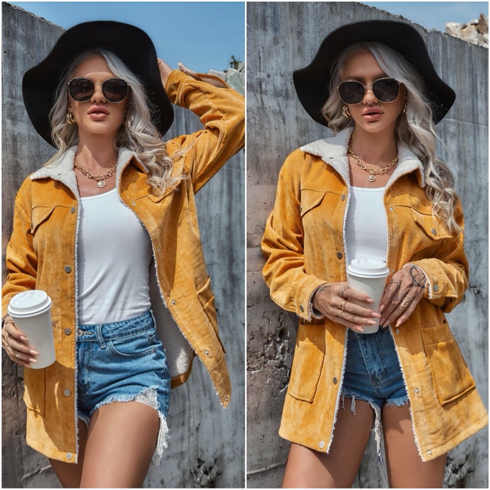 Snap Button Corduroy Shearling Lined Jacket Coat - image 1